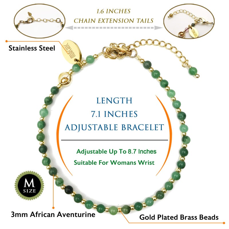 Morchic 3mm African Aventurine Tiny Beads Bracelet for Women, Adjustable 7.1" Dainty Handmade Energy Gem Jewelry, Birthday Gift - Image 2